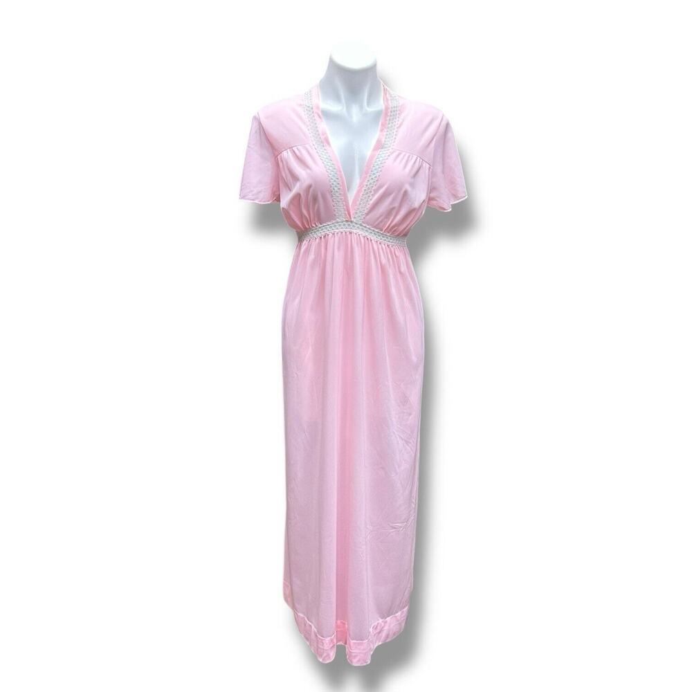 Vintage Rutledge Nightgown Pink Deep V Maxi Coquette Flutter Sleeves Womens Sz L - Picture 11 of 13